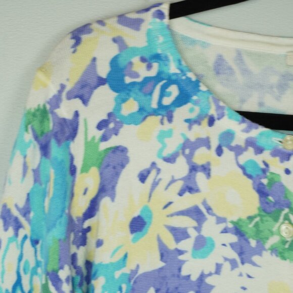 LL Bean‎ Floral Cardigan Sweater Pastel Blue Purple Yellow Green Size Medium - Picture 6 of 8